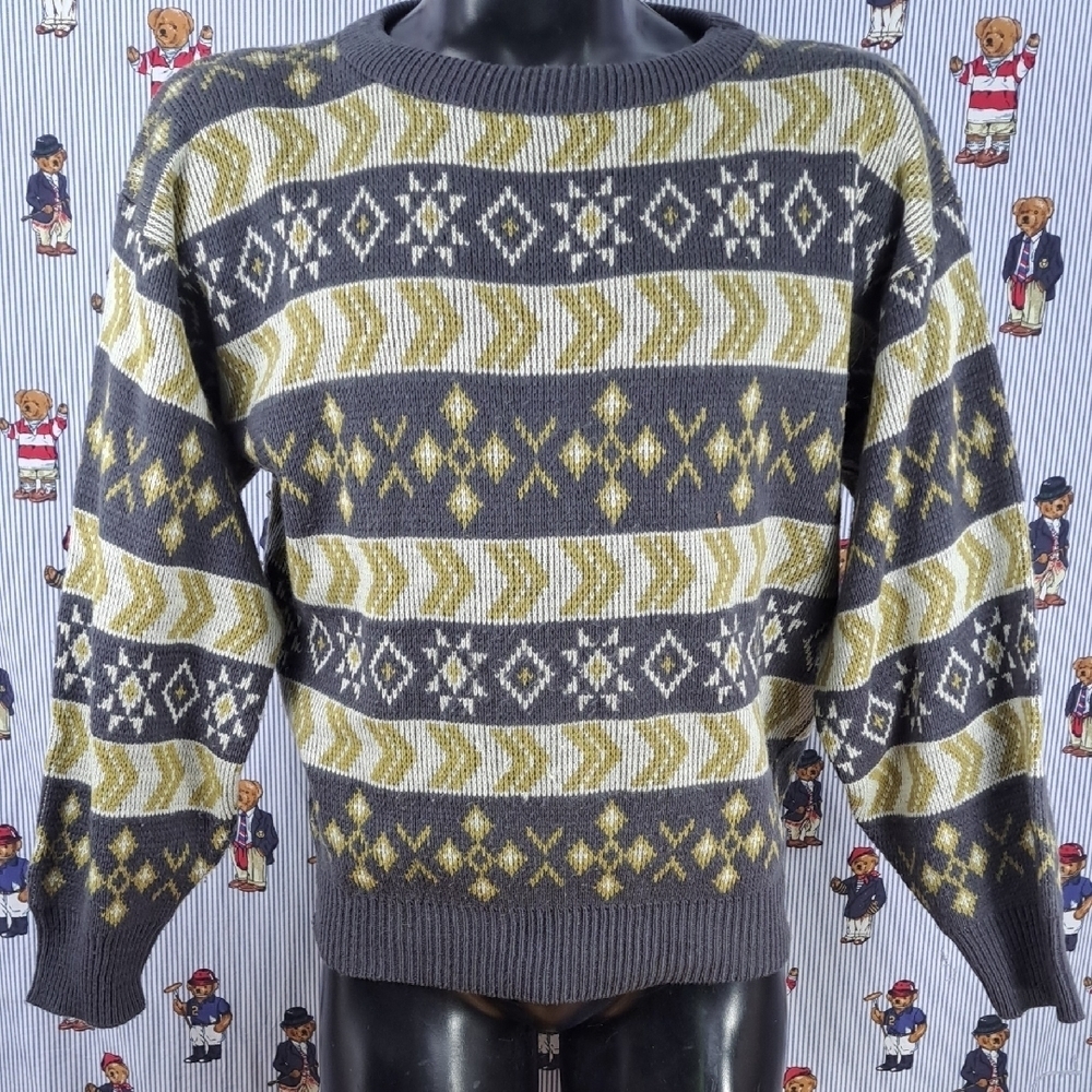 Vintage Bonjour International Women's gray & gold LG casual preppy knit sweater